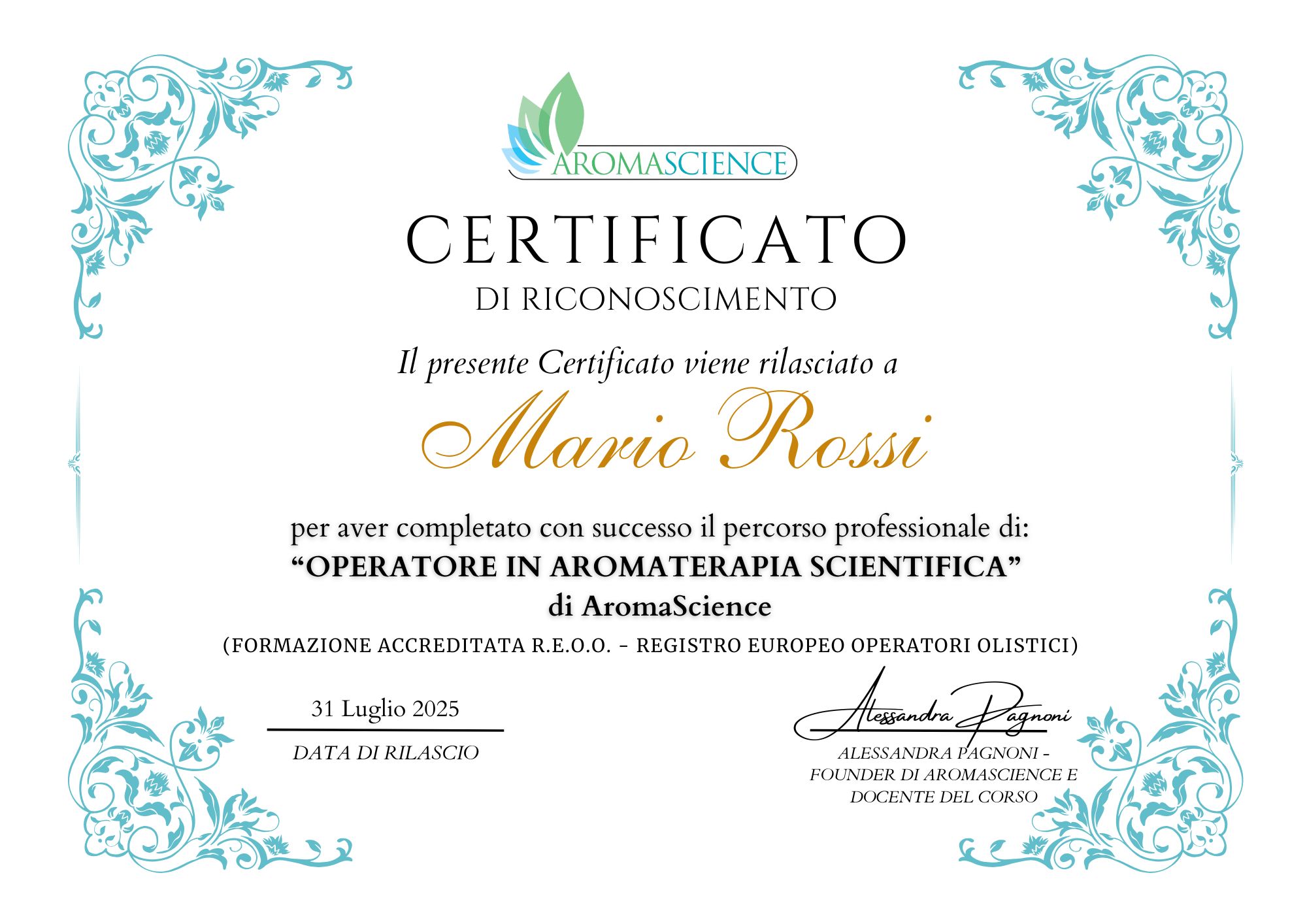 Attestato di operatore in aromaterapia scientifica facsimile
